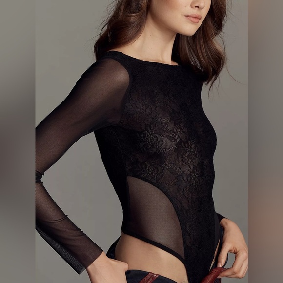 NWT! By Anthropologie Seamed Black Lace Bodysuit 💎 - Picture 1 of 6